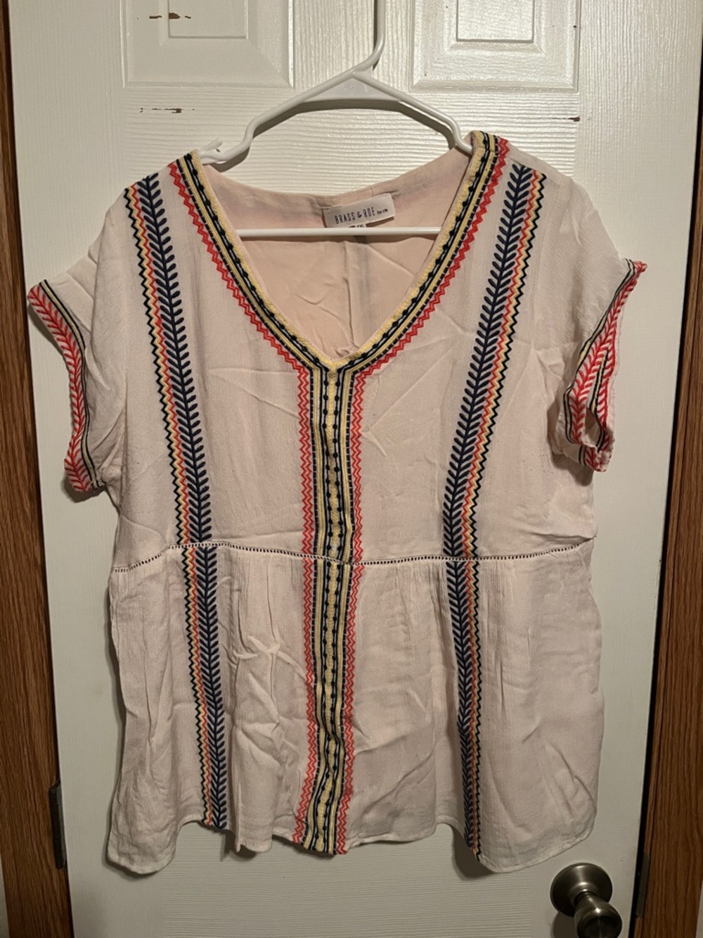 Embroidered Washed Pink V-Neck Peasant Blouse